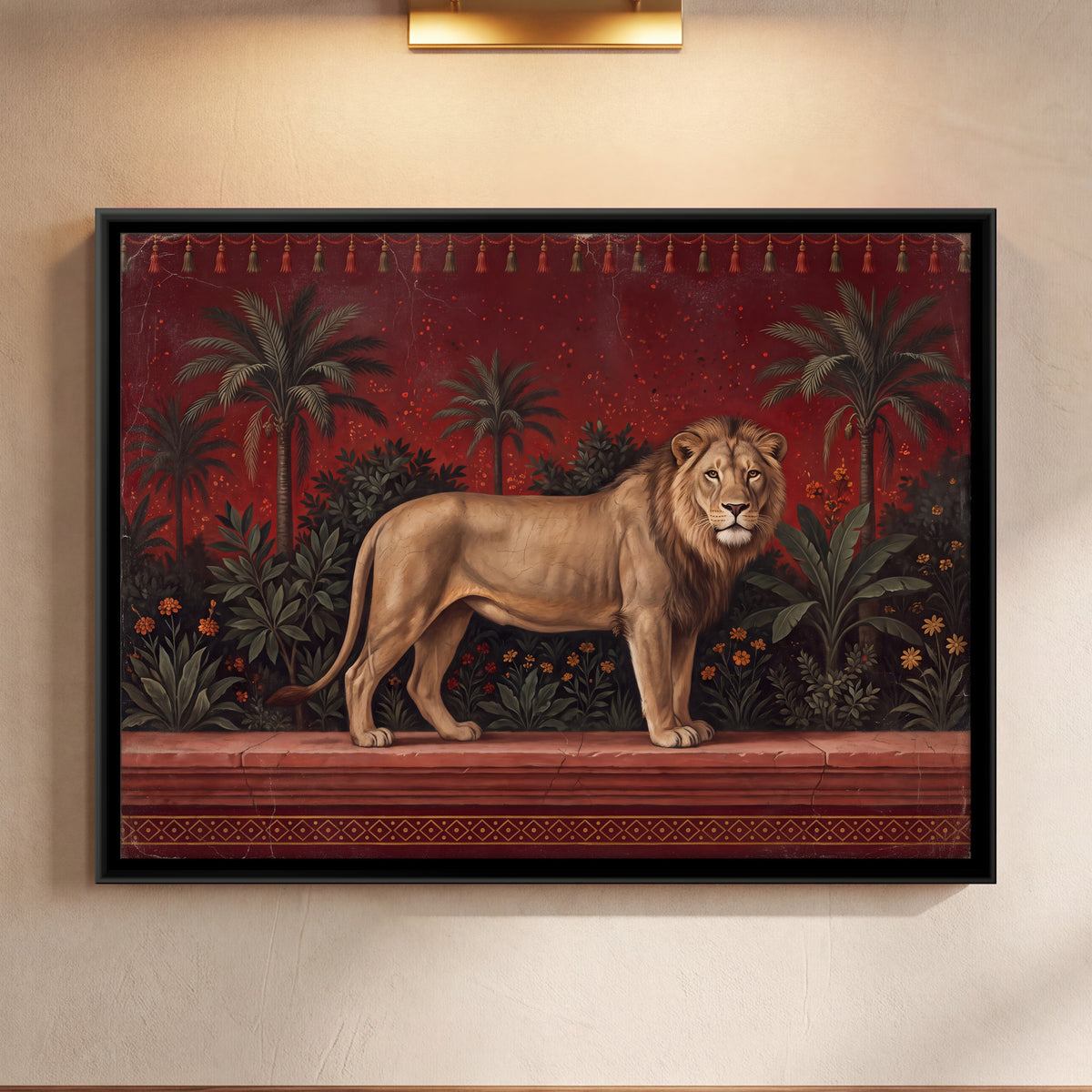 Lion on a Garden Terrace - framed canvas art hung on a wall