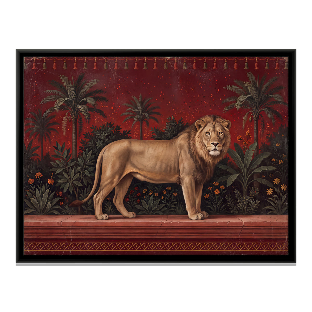 Lion on a Garden Terrace - framed canvas print, front view