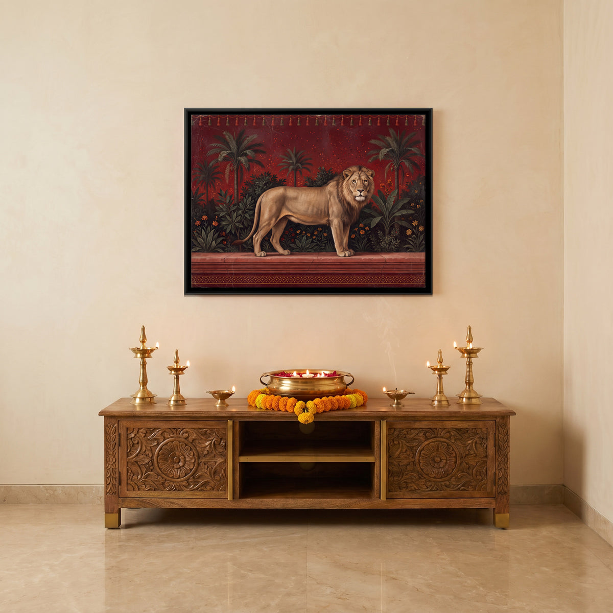 Lion on a Garden Terrace - canvas art shown in a styled room