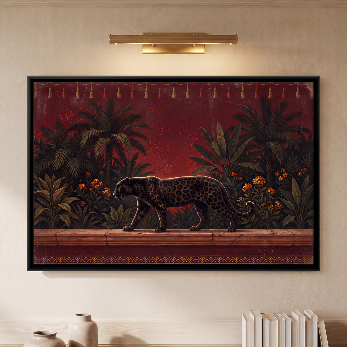 Black Panther on a Garden Terrace - framed canvas art hung on a wall