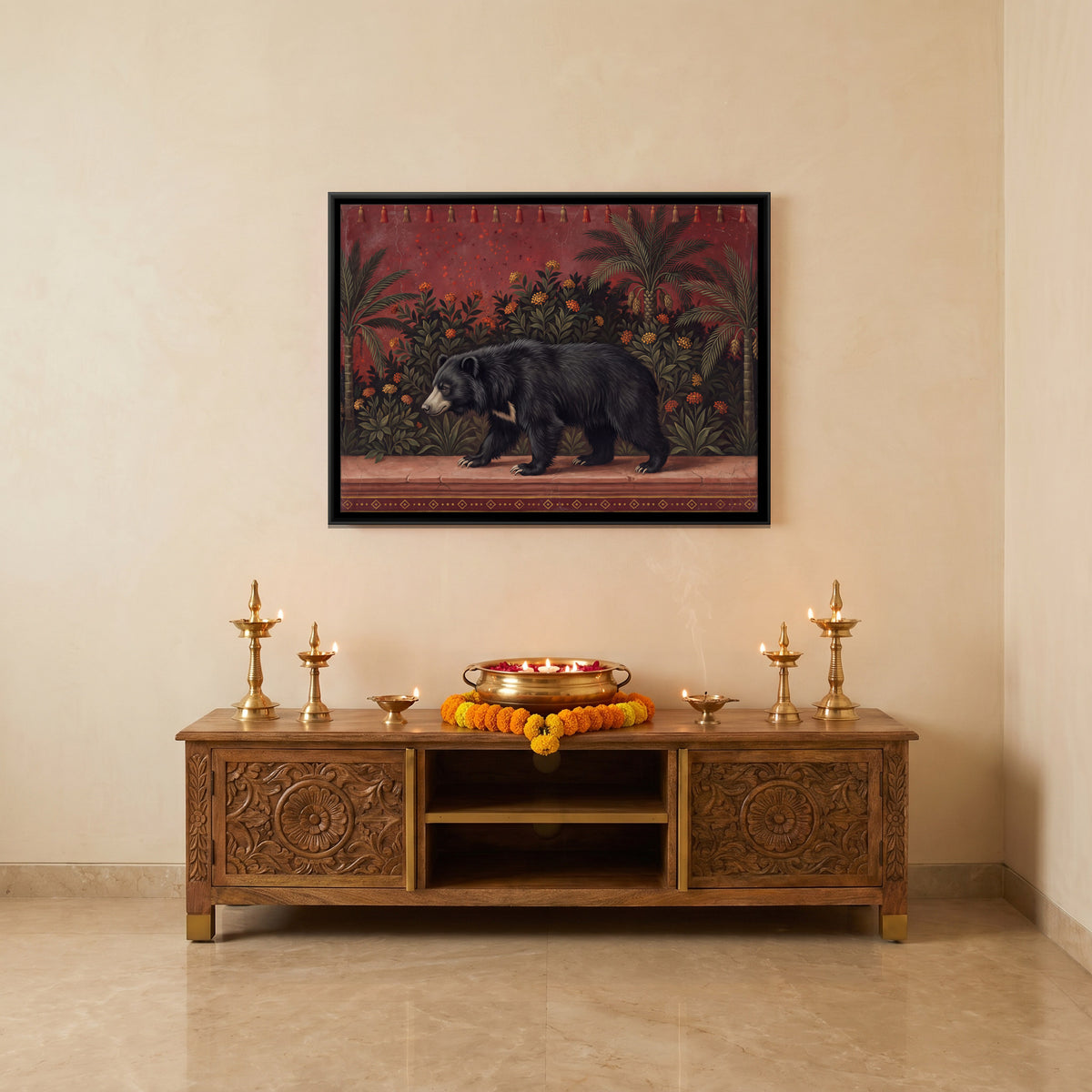 Sloth Bear on a Garden Terrace - canvas art shown in a second room setting