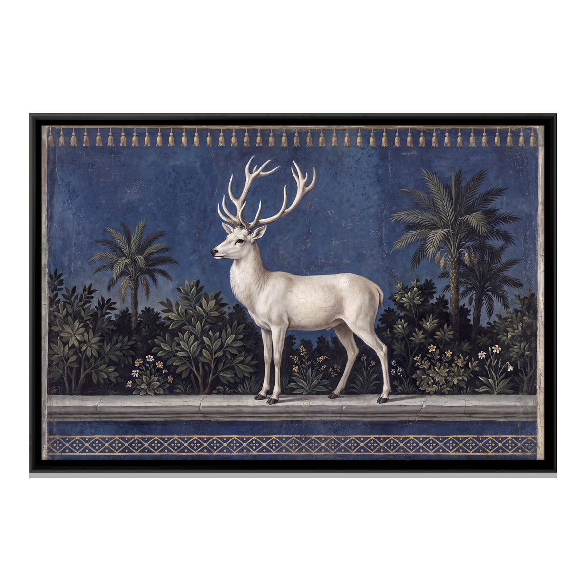 White Stag on a Garden Terrace - framed canvas print, front view