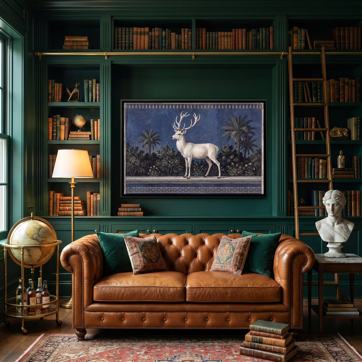 White Stag on a Garden Terrace - canvas art shown in a second room setting