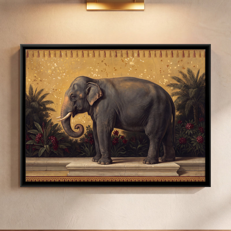 Indian Elephant on a Garden Terrace - framed canvas art hung on a wall