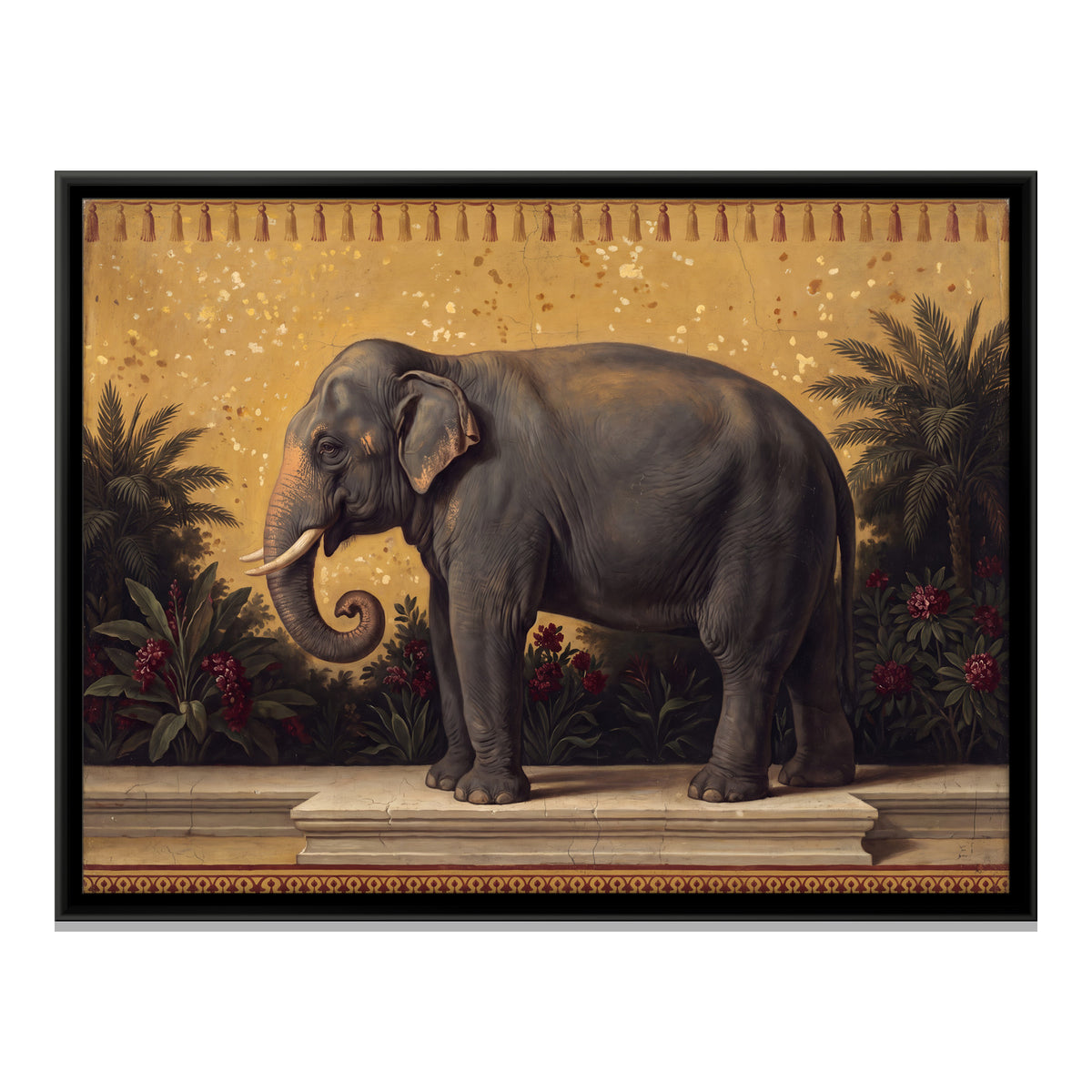 Indian Elephant on a Garden Terrace - framed canvas print, front view
