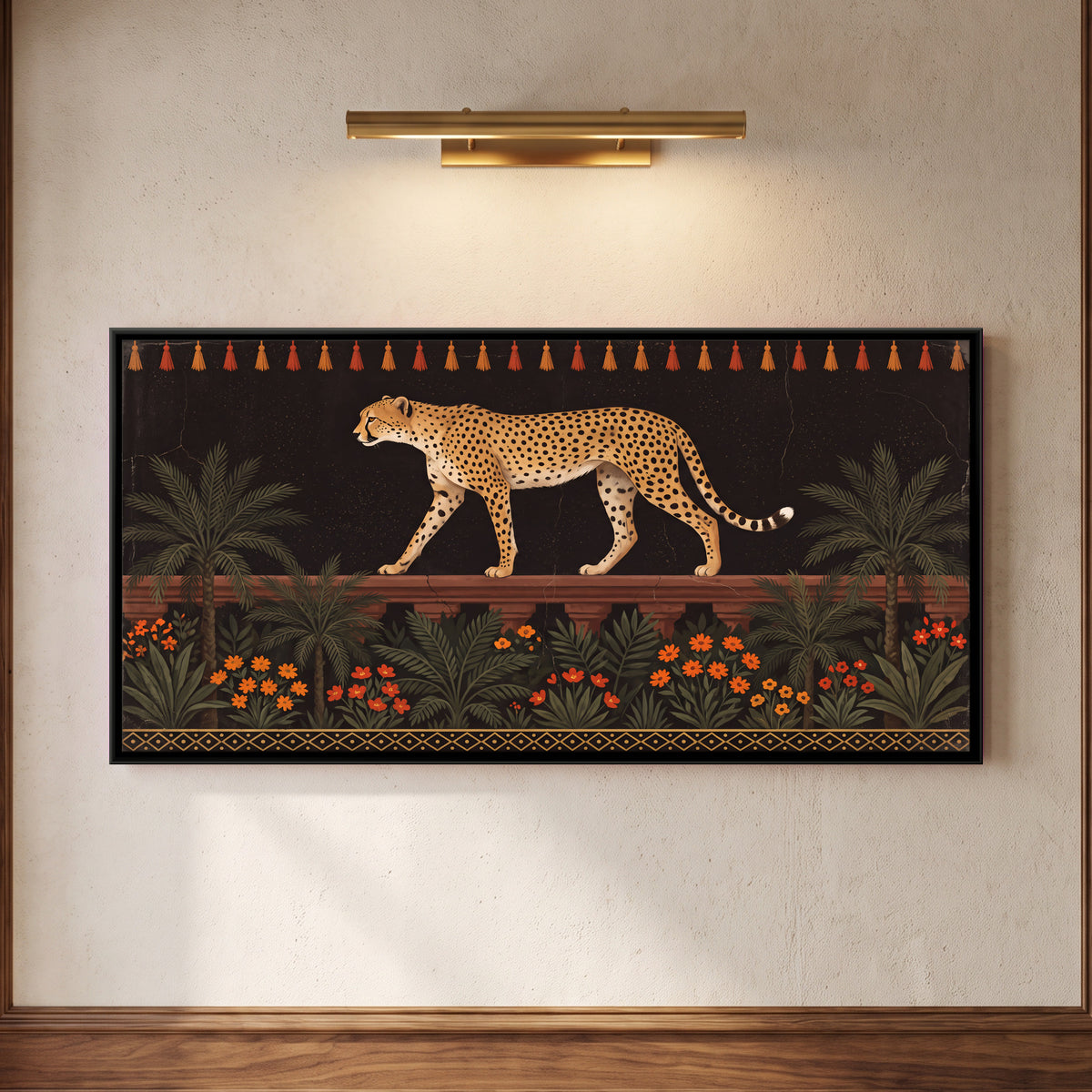 Cheetah on a Garden Terrace - framed canvas art hung on a wall