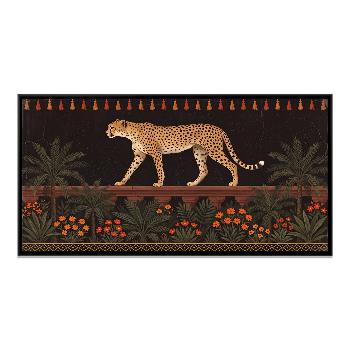 Cheetah on a Garden Terrace - framed canvas print, front view