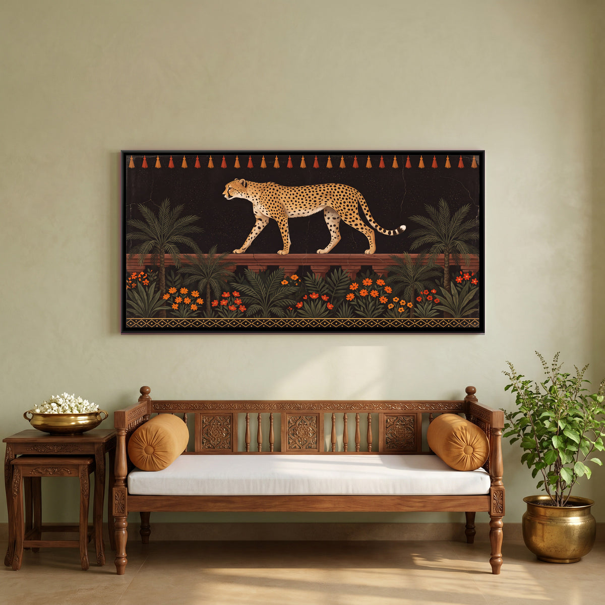 Cheetah on a Garden Terrace - canvas art shown in a styled room