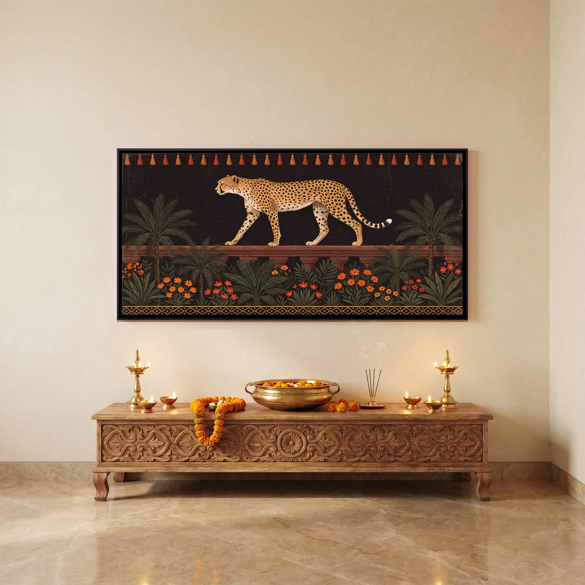 Cheetah on a Garden Terrace - canvas art shown in a second room setting