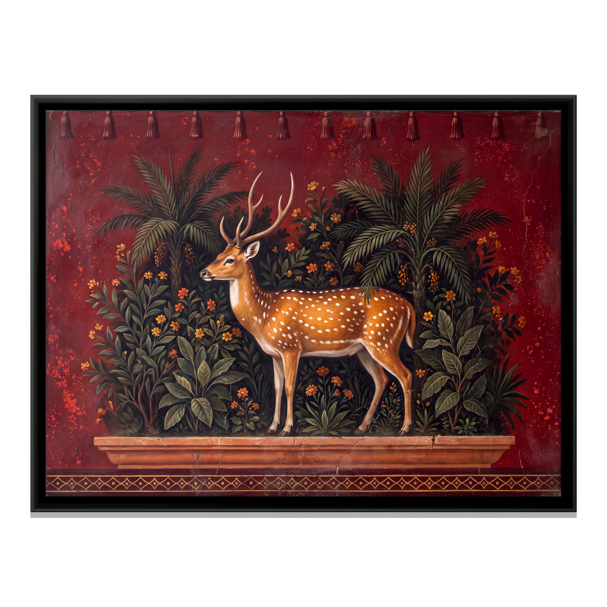 Spotted Deer on a Garden Terrace - framed canvas print, front view