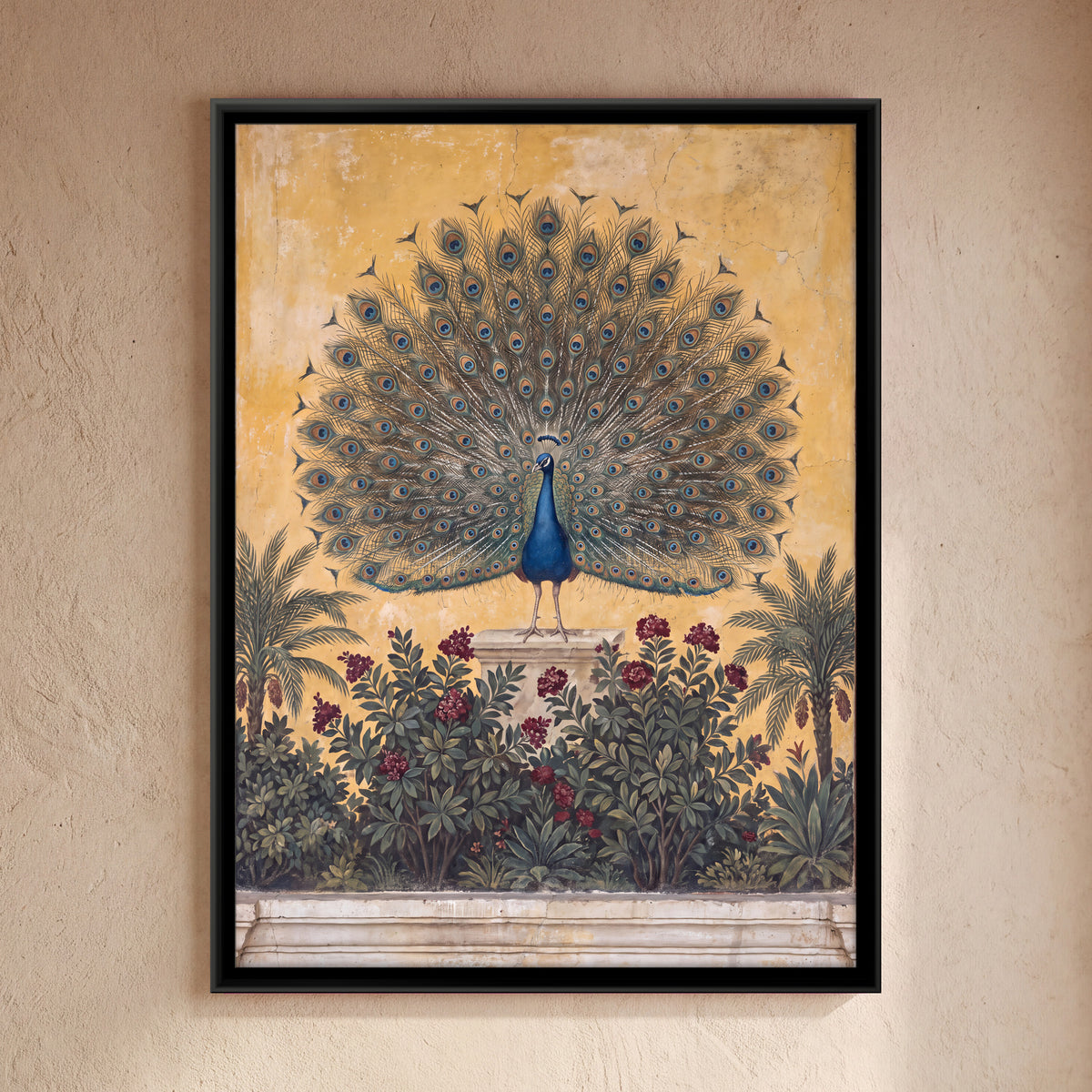 Peacock in Full Display - framed canvas art hung on a wall