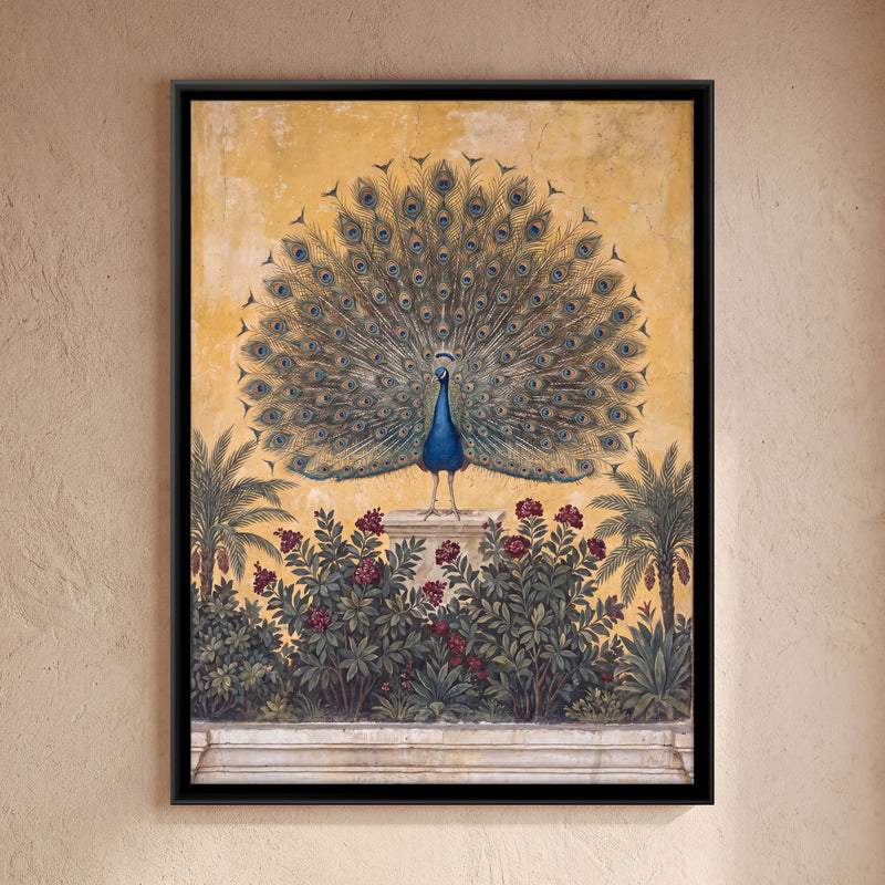 Peacock in Full Display - framed canvas art hung on a wall