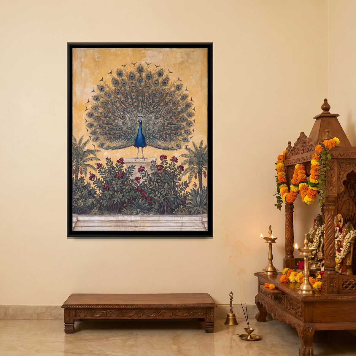 Peacock in Full Display - canvas art shown in a styled room