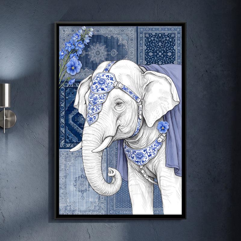 White Elephant in Porcelain Blue - framed canvas art hung on a wall