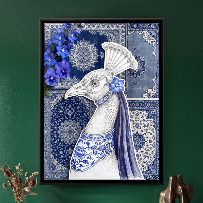 White Peacock in Porcelain Blue - framed canvas art hung on a wall