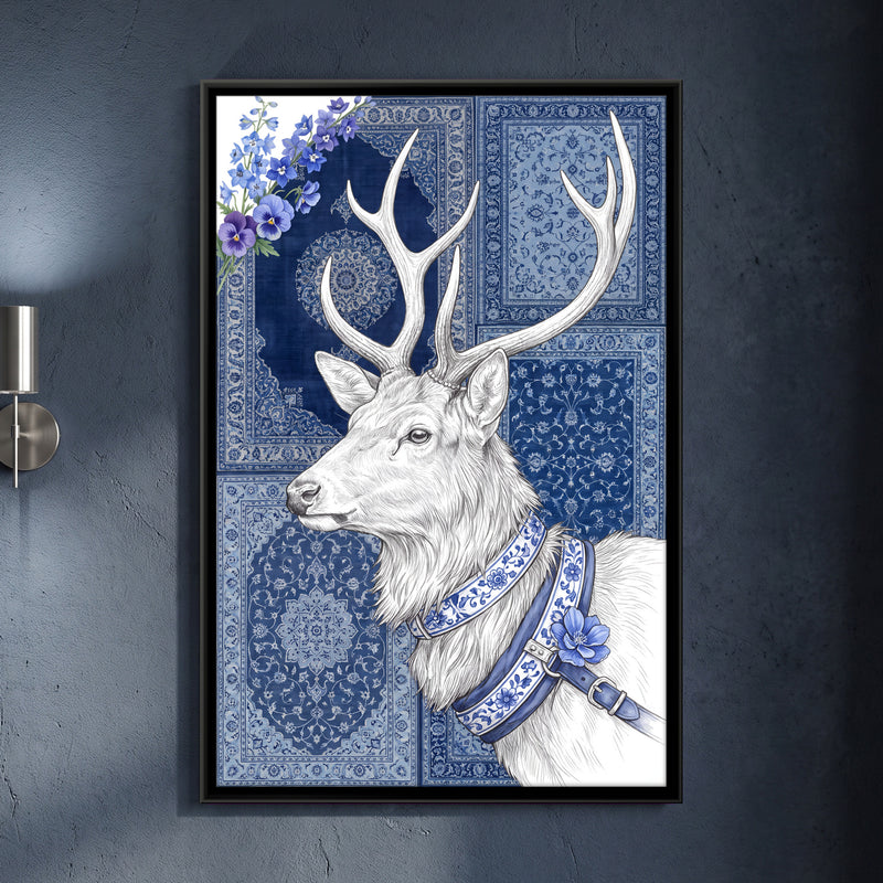 White Stag in Porcelain Blue - framed canvas art hung on a wall