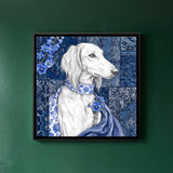 White Saluki Dog with Blue Porcelain-patterned Collar