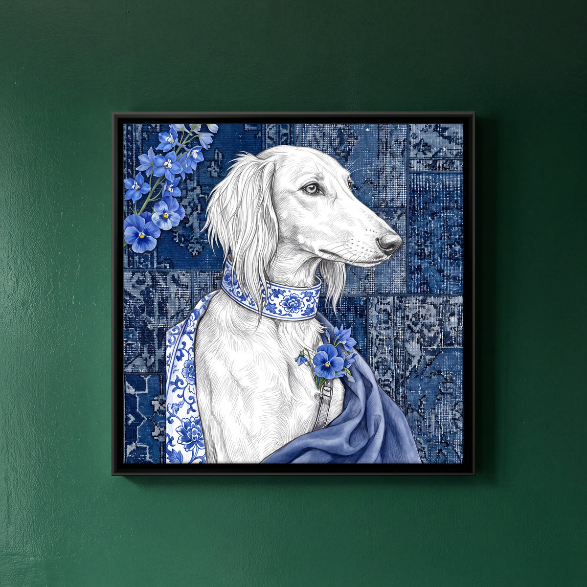 White Saluki in Porcelain Blue - framed canvas art hung on a wall
