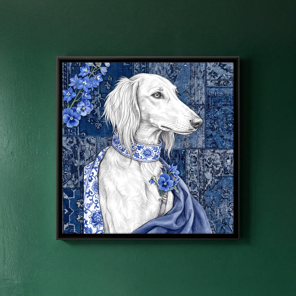 White Saluki Dog with Blue Porcelain-patterned Collar