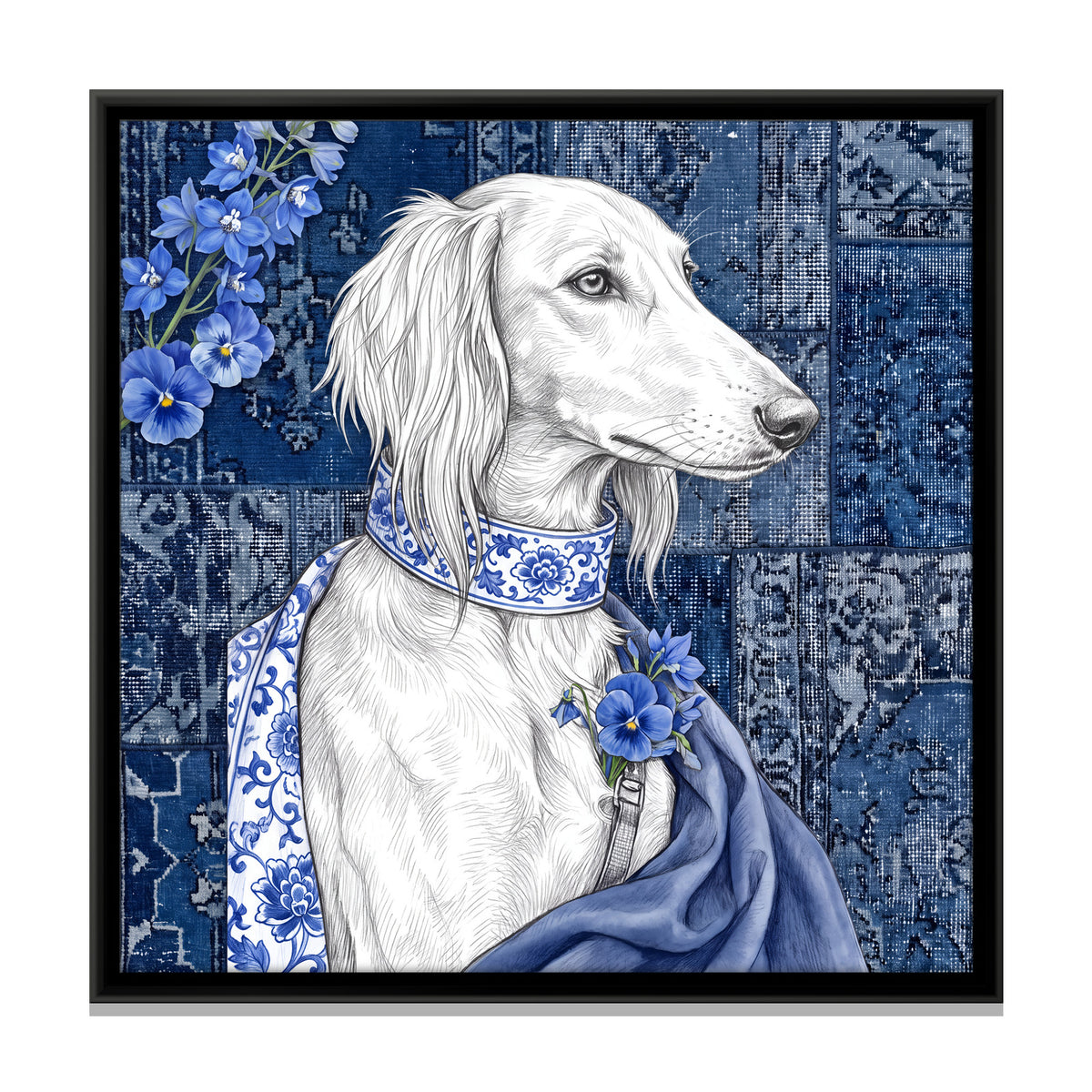 White Saluki in Porcelain Blue - framed canvas print, front view