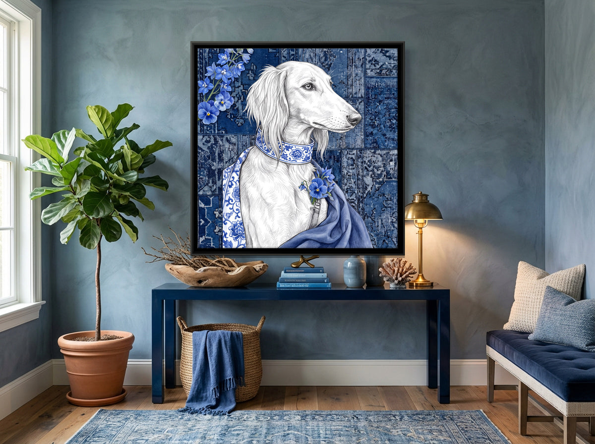 White Saluki in Porcelain Blue - canvas art shown in a second room setting
