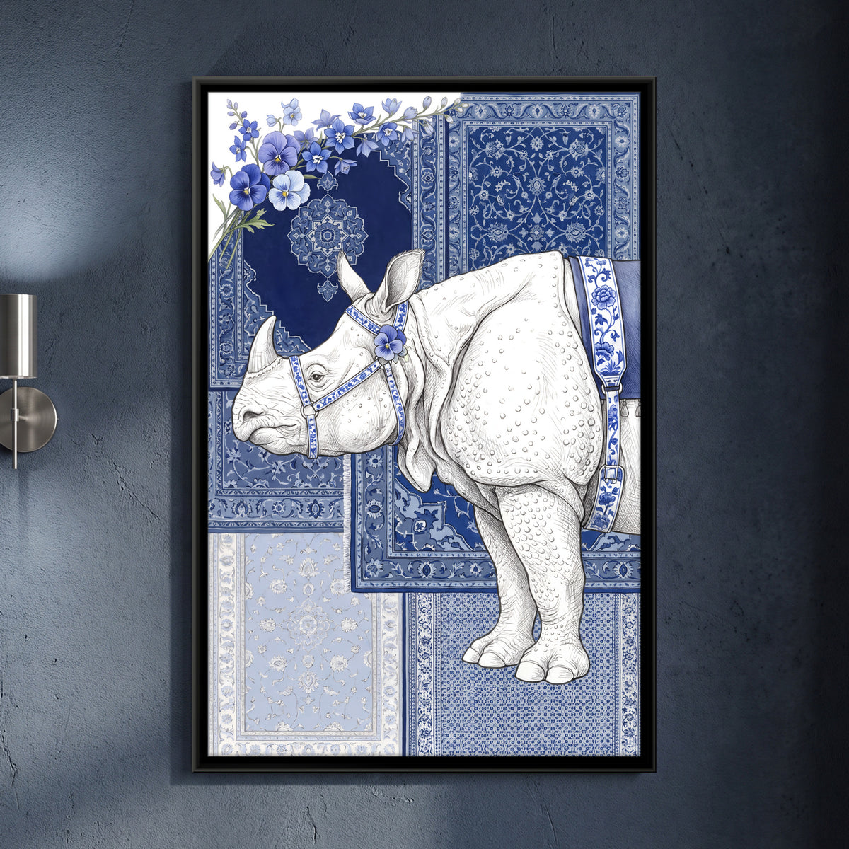 White Rhinoceros in Porcelain Blue - framed canvas art hung on a wall