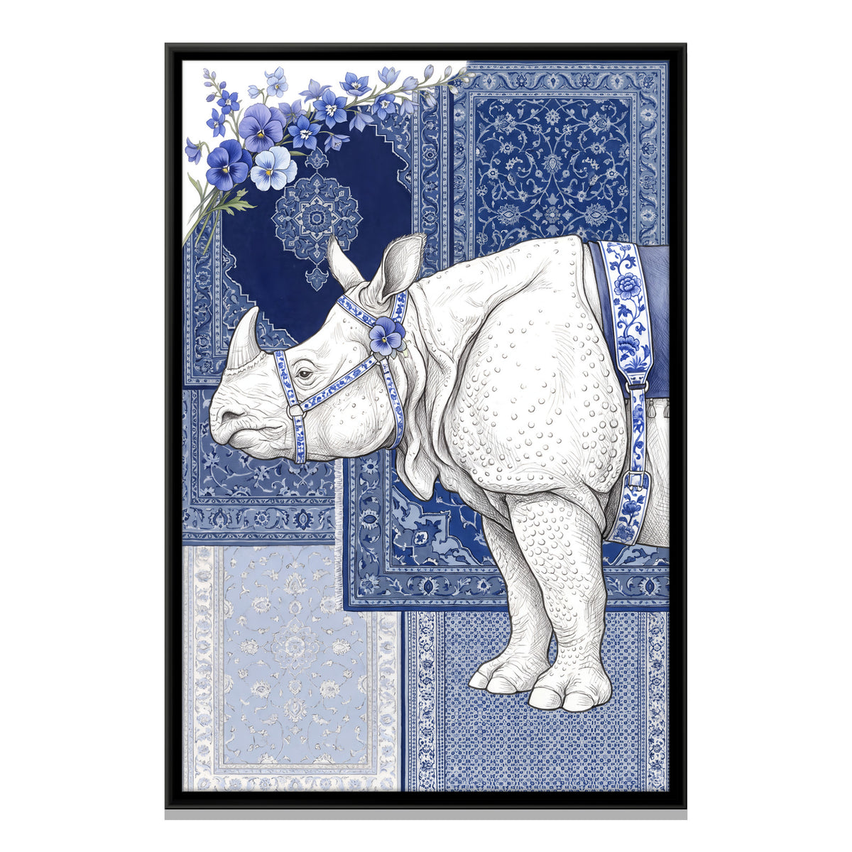 White Rhinoceros in Porcelain Blue - framed canvas print, front view