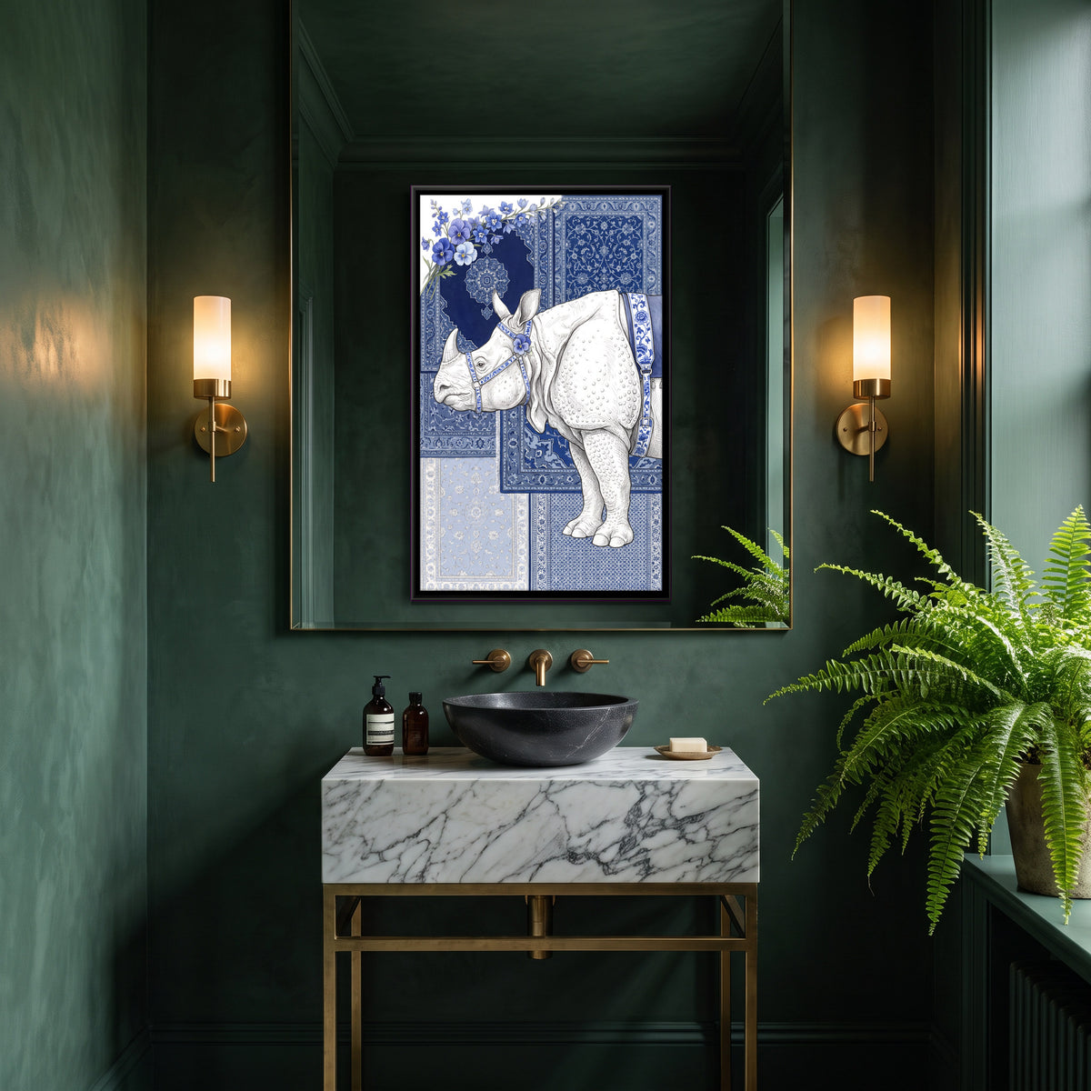 White Rhinoceros in Porcelain Blue - canvas art shown in a styled room