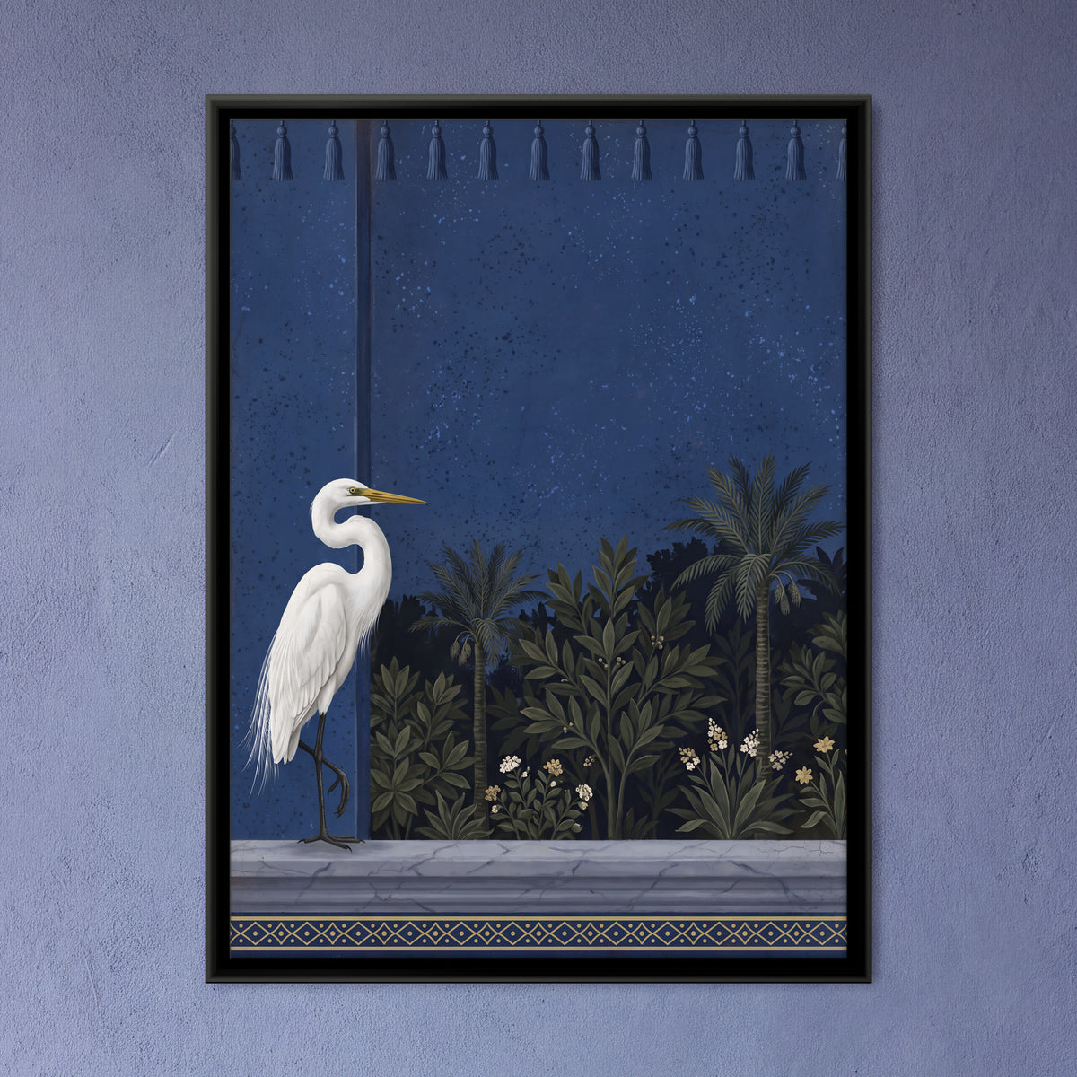 White Egret on a Garden Terrace - framed canvas art hung on a wall