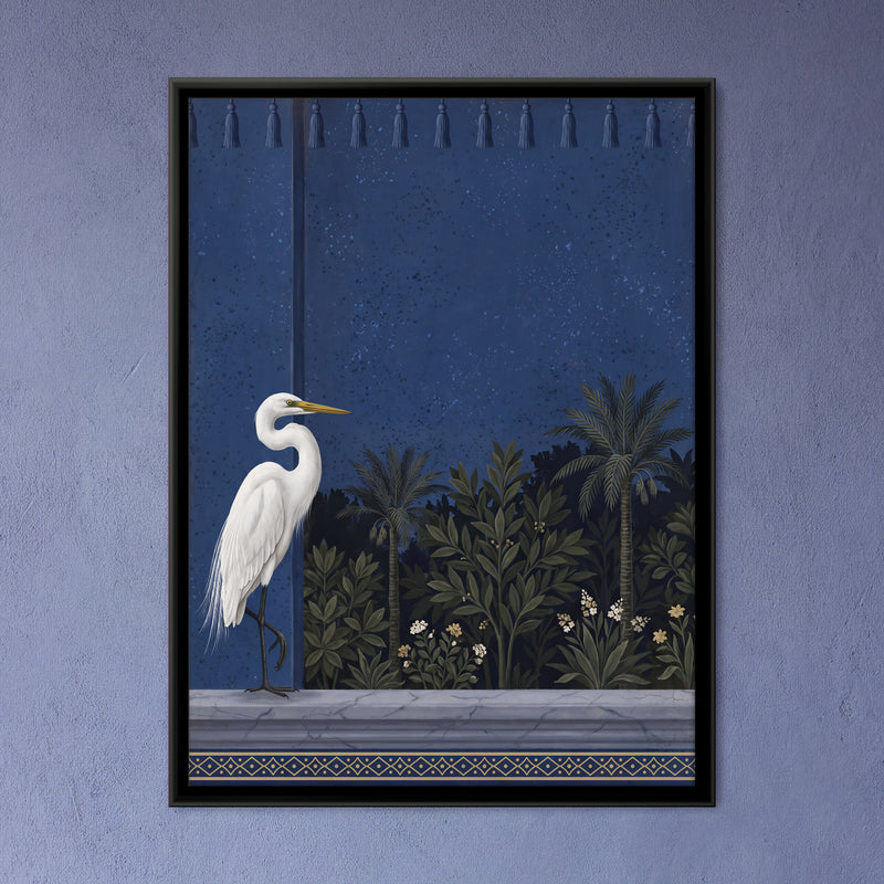 White Egret on a Garden Terrace - framed canvas art hung on a wall