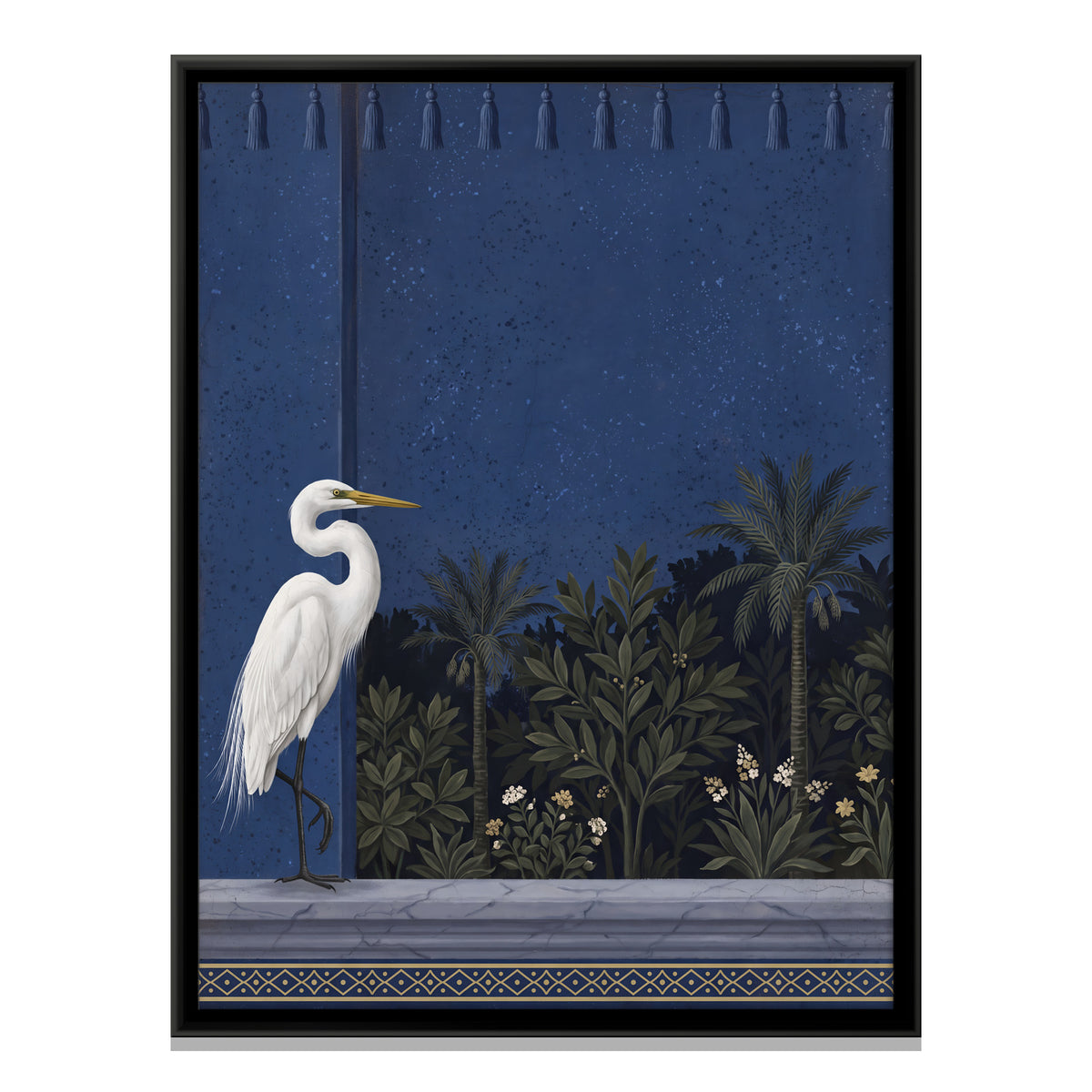 White Egret on a Garden Terrace - framed canvas print, front view