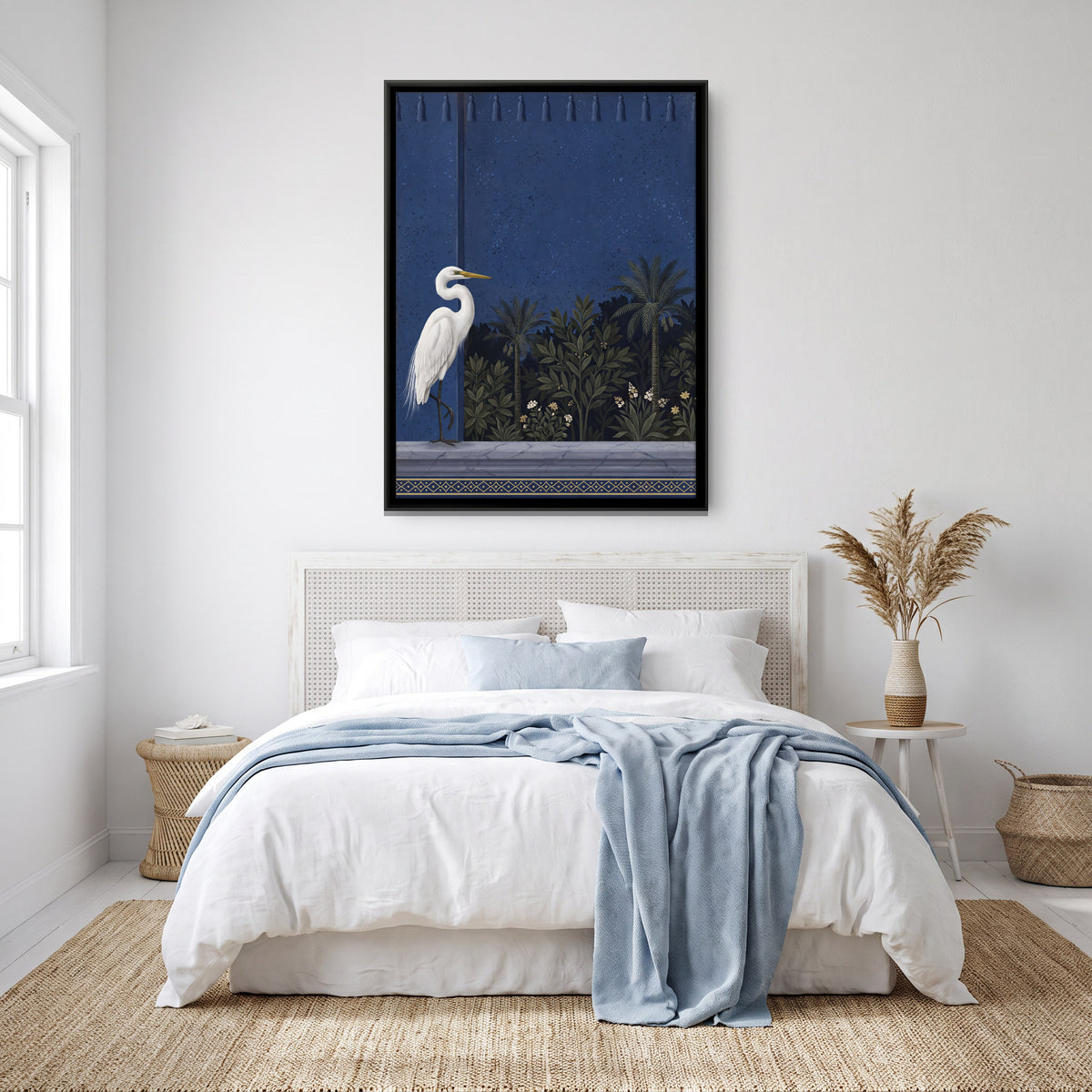 White Egret on a Garden Terrace - canvas art shown in a styled room