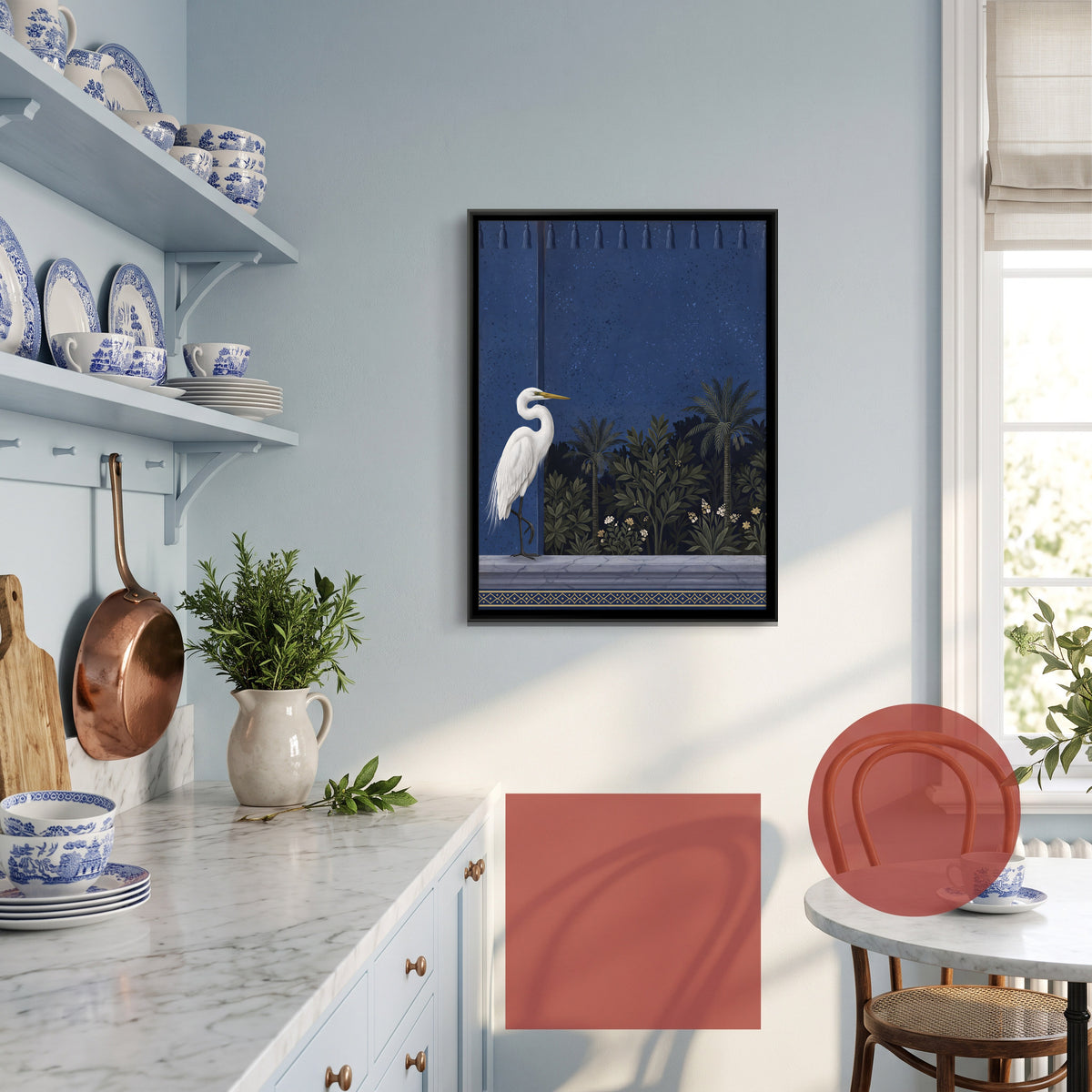 White Egret on a Garden Terrace - canvas art shown in a second room setting