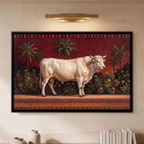 White Bull on a Stone Terrace with Plants