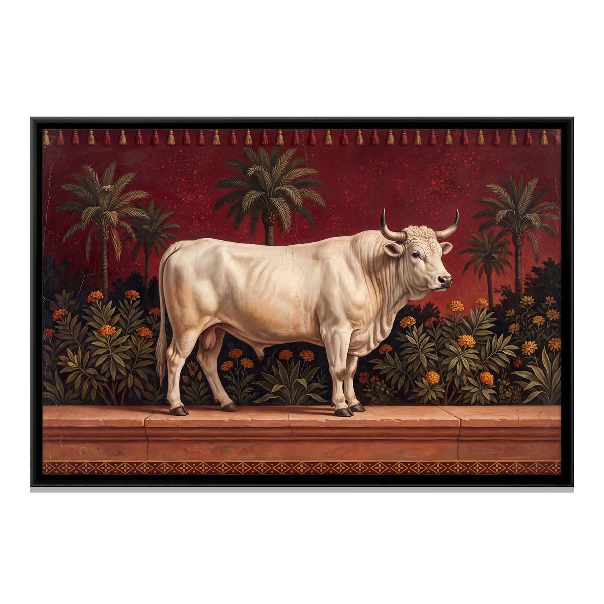 White Bull on a Garden Terrace - framed canvas print, front view