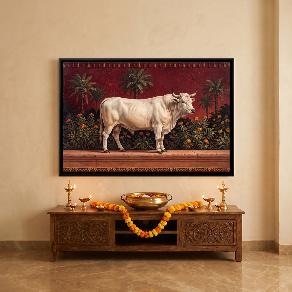 White Bull on a Garden Terrace - canvas art shown in a second room setting