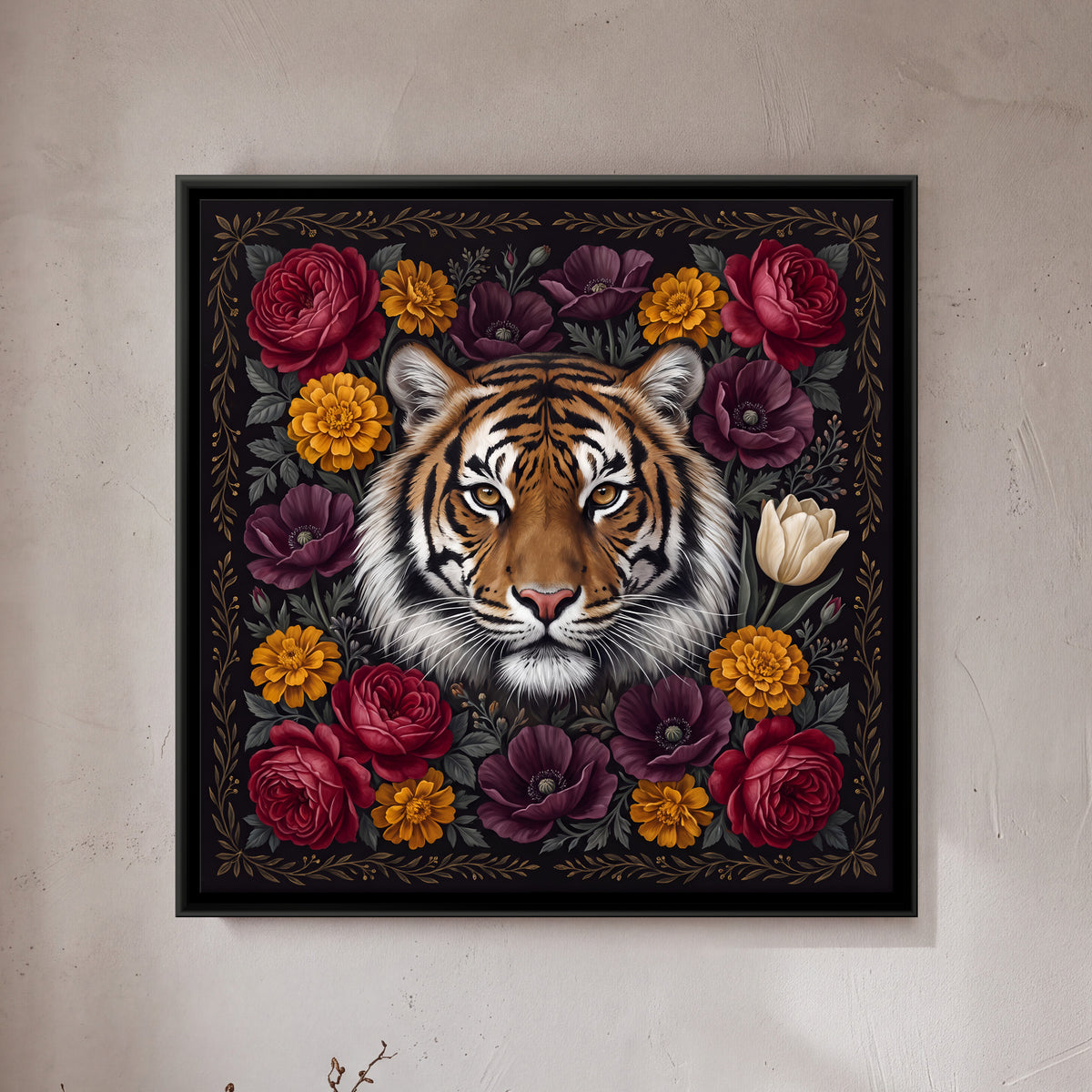Tiger in a Floral Wreath - framed canvas art hung on a wall