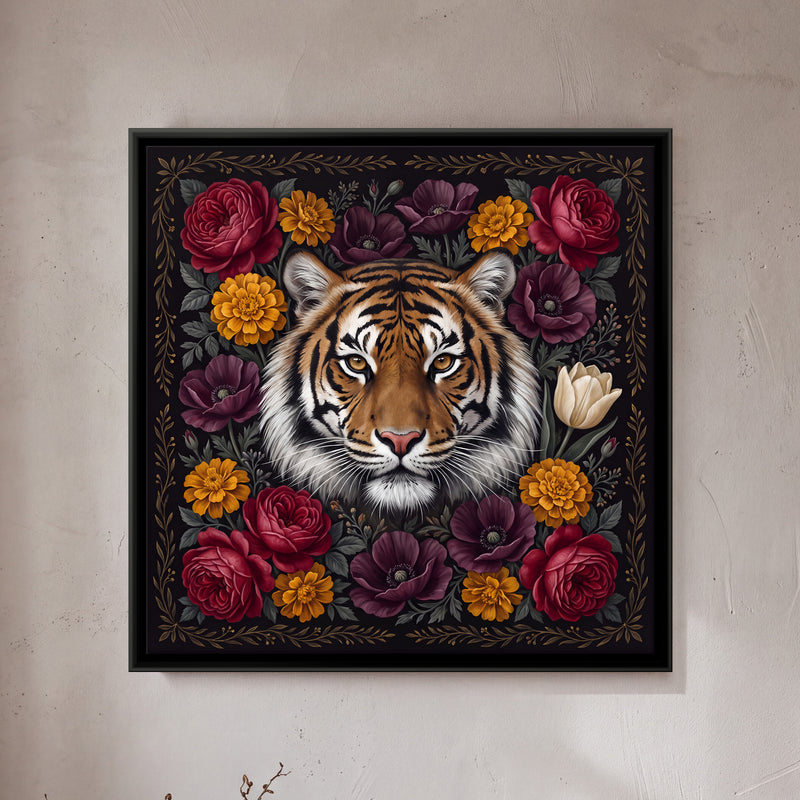 Tiger in a Floral Wreath - framed canvas art hung on a wall