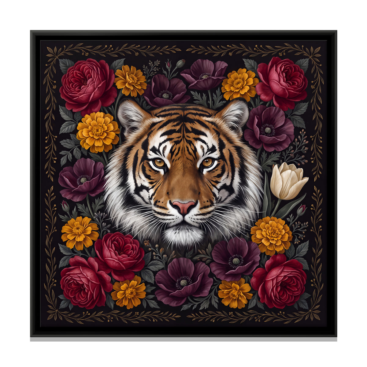 Tiger in a Floral Wreath - framed canvas print, front view