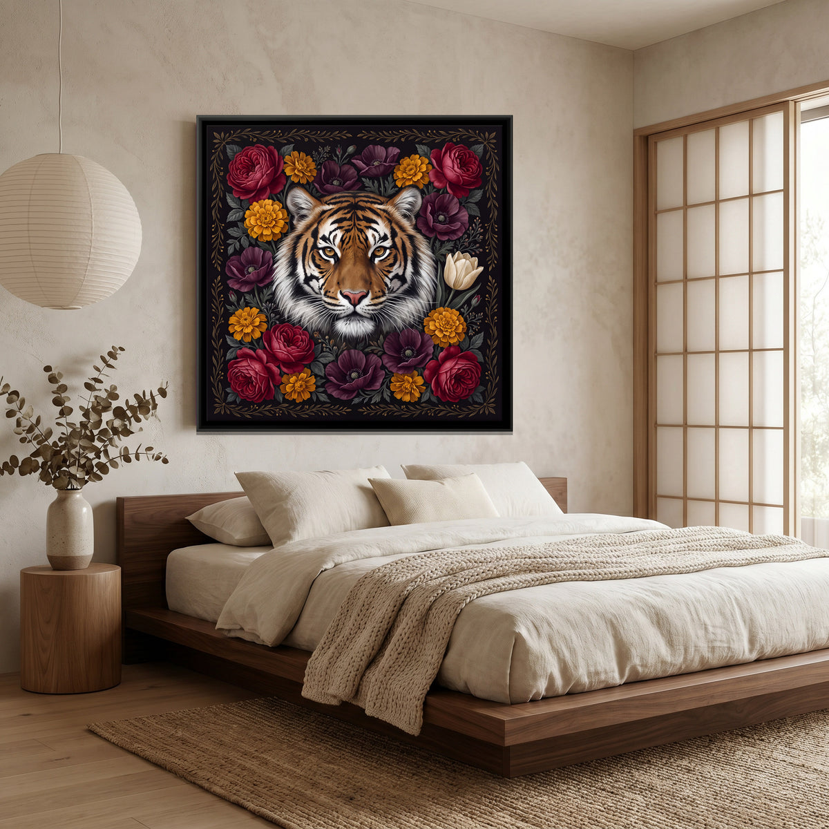 Tiger in a Floral Wreath - canvas art shown in a second room setting