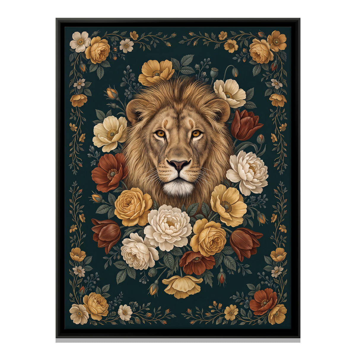 Lion Among Roses - framed canvas print, front view