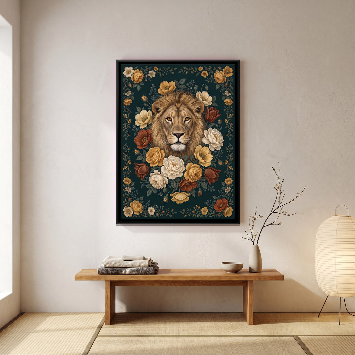Lion Among Roses - canvas art shown in a styled room
