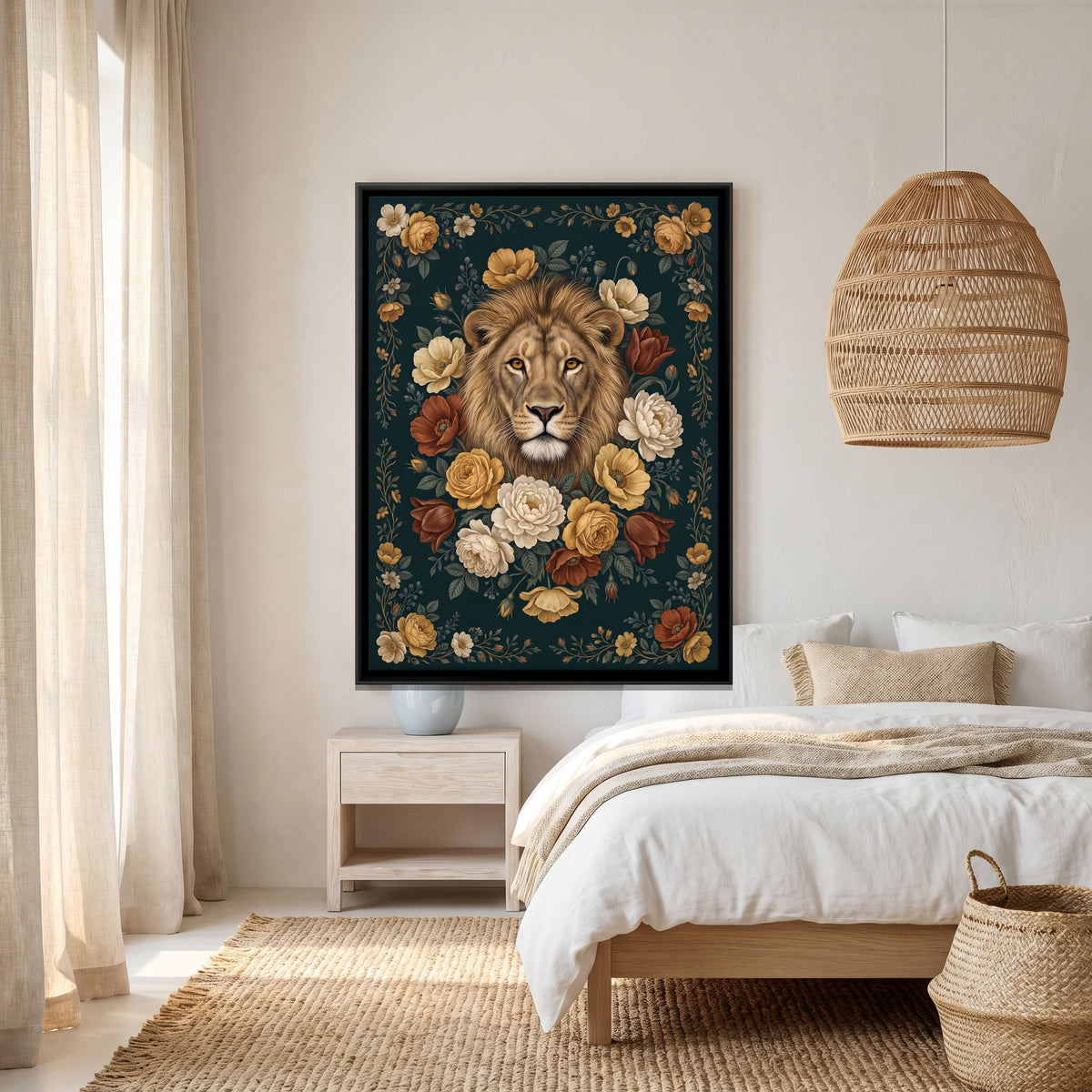 Lion Among Roses - canvas art shown in a second room setting