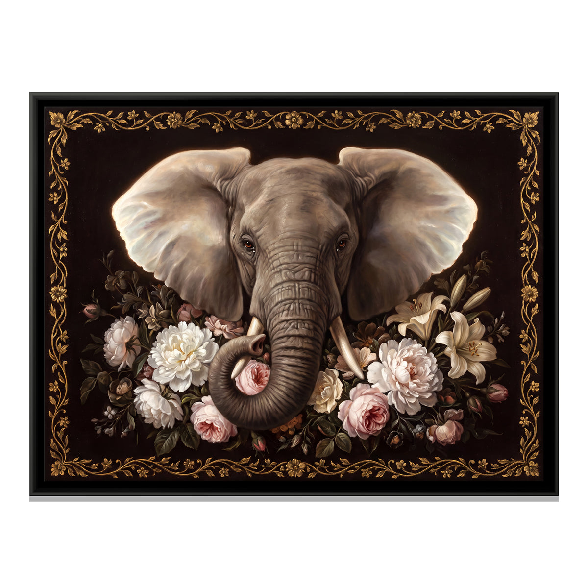 Elephant Among Peonies - framed canvas print, front view