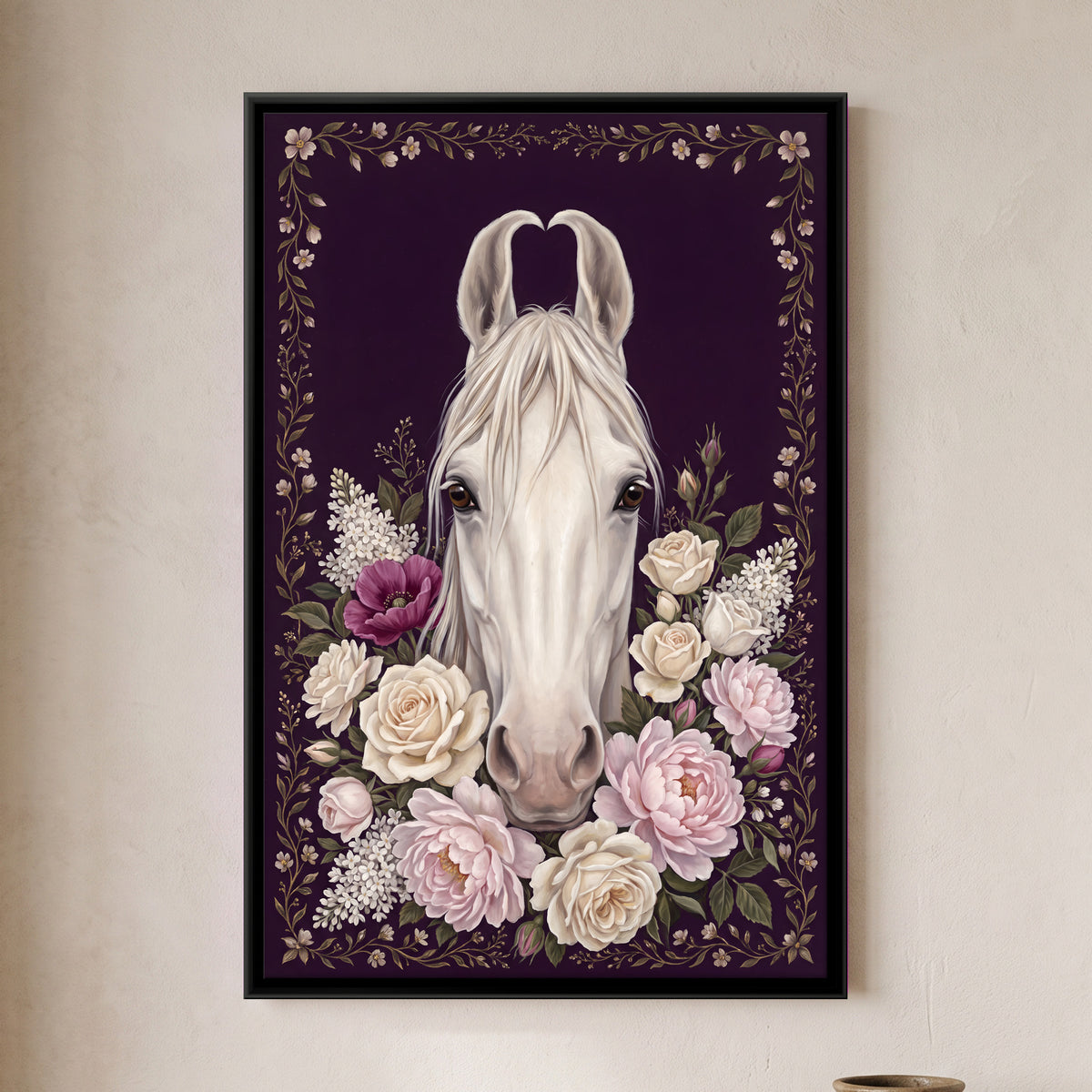 White Horse Among Roses - framed canvas art hung on a wall
