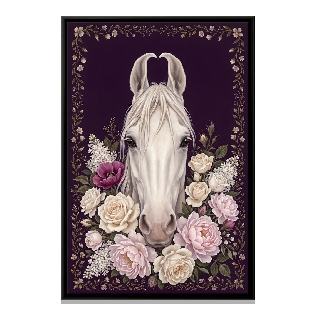 White Horse Among Roses - framed canvas print, front view