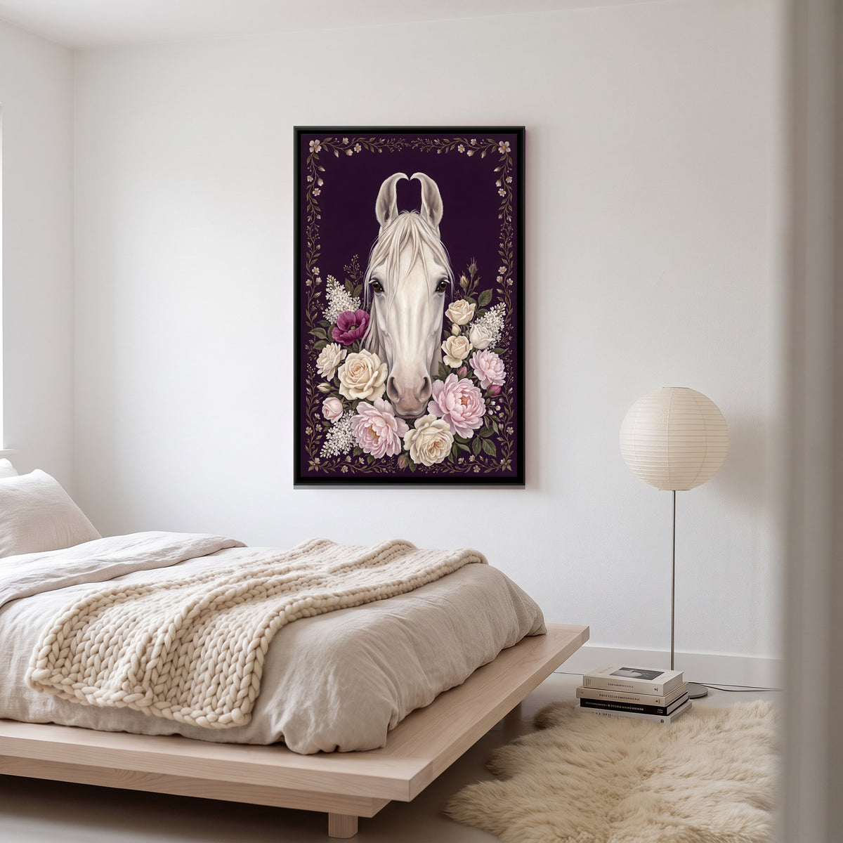 White Horse Among Roses - canvas art shown in a styled room