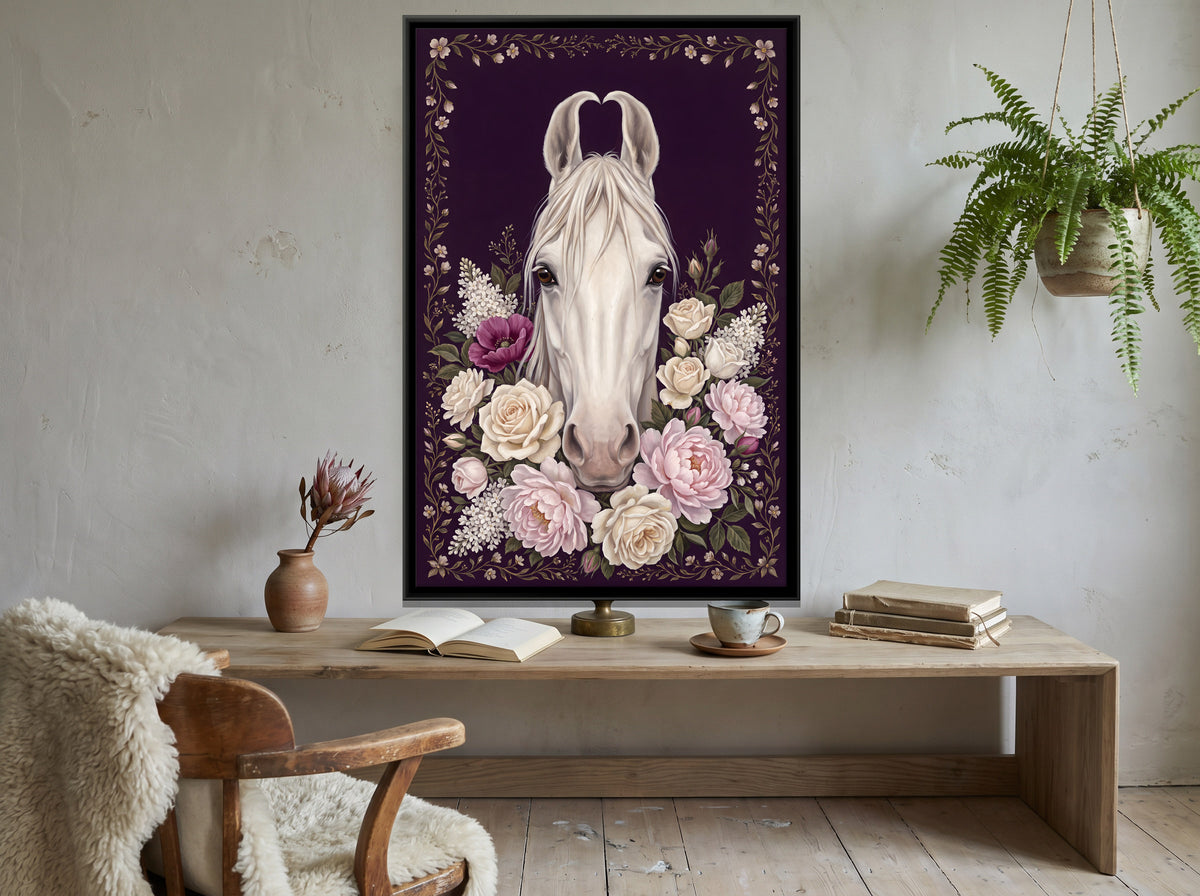 White Horse Among Roses - canvas art shown in a second room setting
