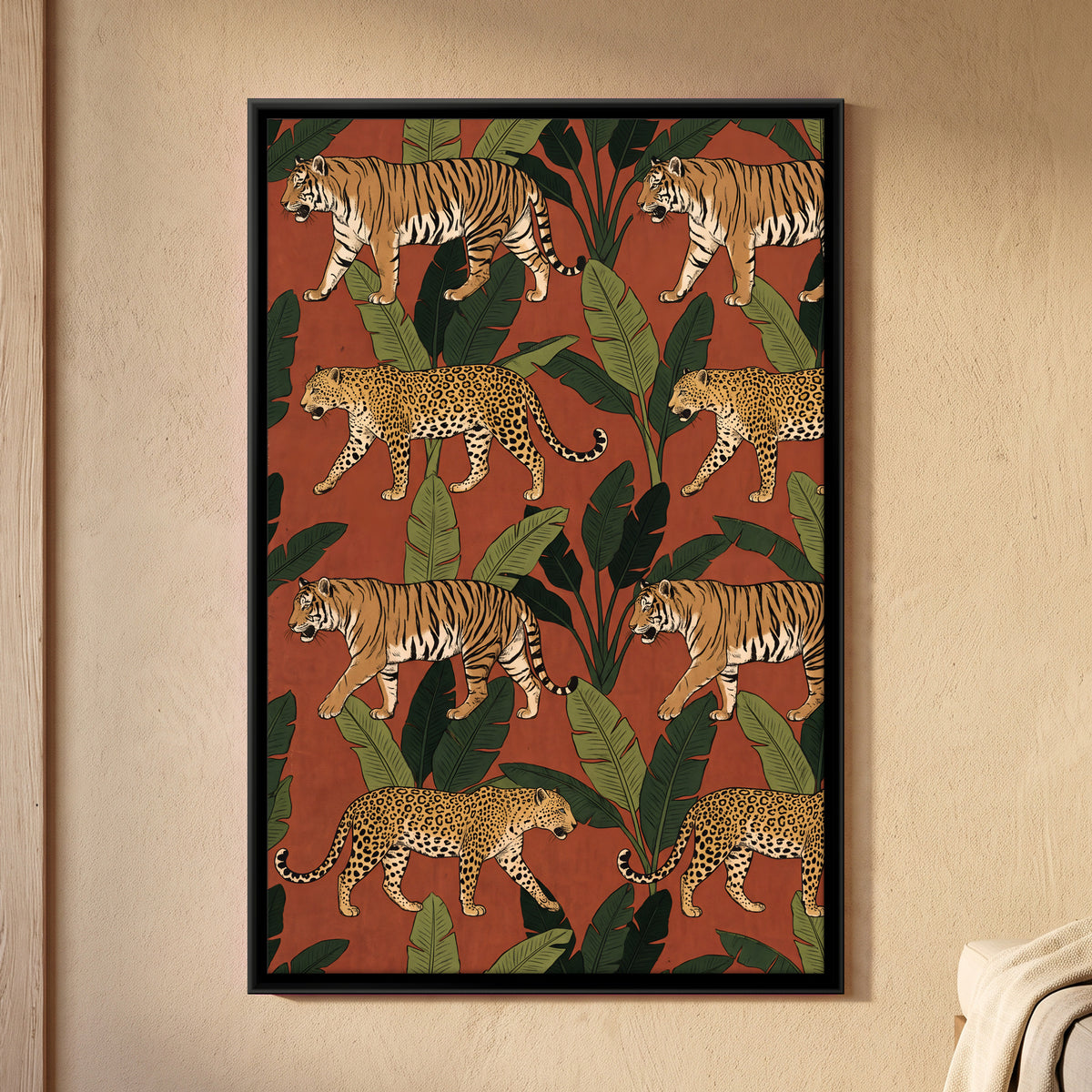 Tigers and Leopards Among Banana Leaves - framed canvas art hung on a wall