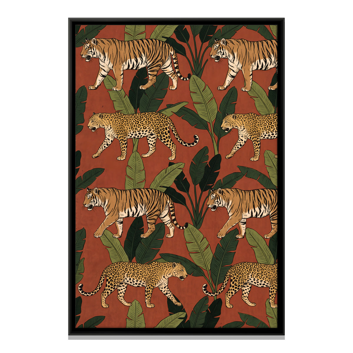 Tigers and Leopards Among Banana Leaves - framed canvas print, front view